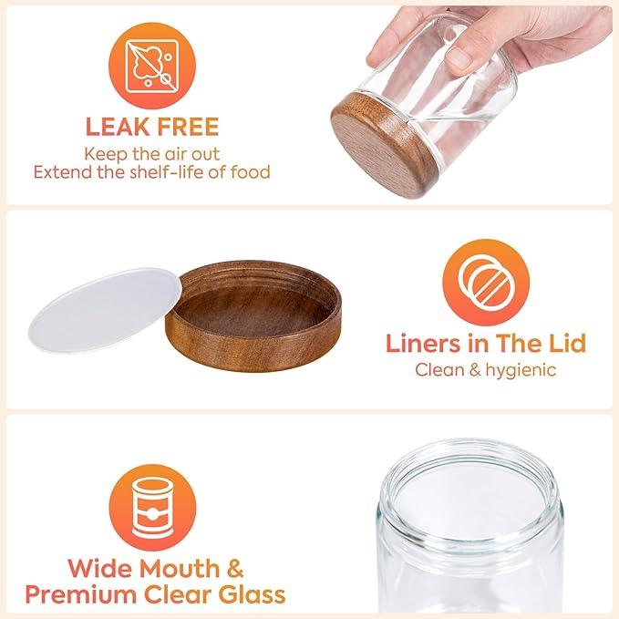 Yangbaga Glass Spice Jars with Labels: 12p 8oz Wide Mouth Square Bottle w/Pepper Grinder&Funnel - Airtight Wood Lid & Dishwasher Safe - Home Kitchen Pantry Daily Use - Gift for Newlyweds/Households