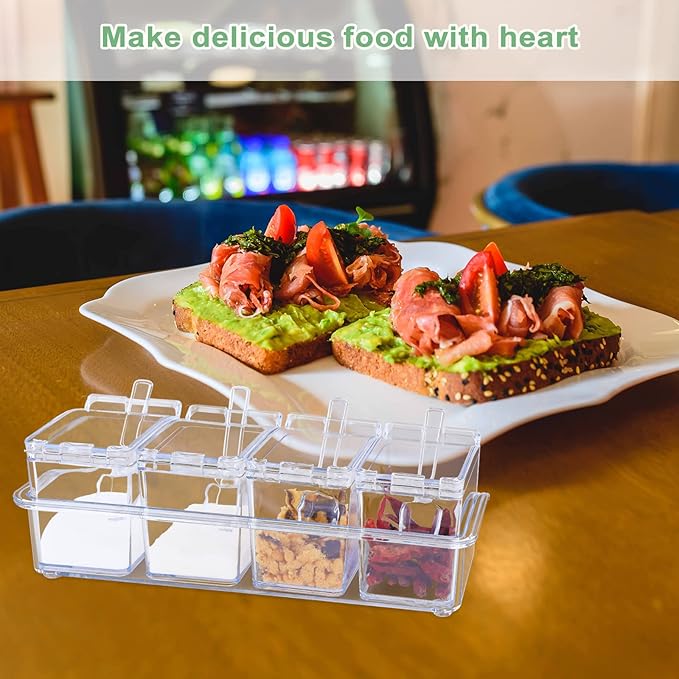 Clear Seasoning Box, 4 Piece Seasoning Rack Spice Pots, Plastic Storage Container Condiment Jars with Lids and Spoon, Kitchen Organization Containers for Spice, Salt, Sugar, Cruet