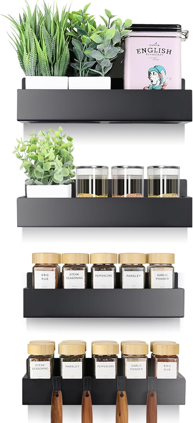 Magnetic Spice Rack for Refrigerator - Strong Magnetized Shelf for Fridge Storage - 4 Pack with 8 Moveable Hooks - Versatile Kitchen Organizer - Space-Saving Fridge Magnet Shelves