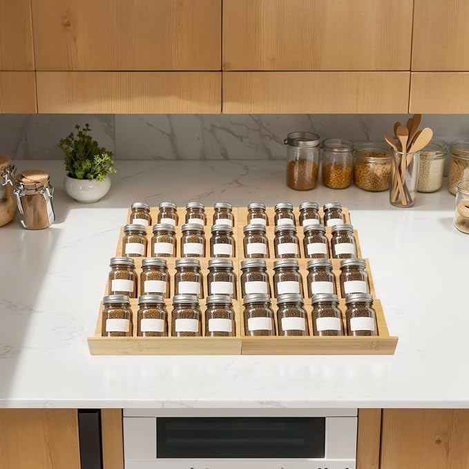 Bamboo Spice Rack For Drawer, 8Pcs Tier Stackable Seasoning Storage Organizer Insert,for kitchen condiments storage insert(Jars Not Included,18.9" Wide×18.9" Deep×1.8" High