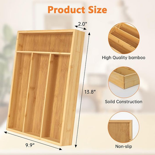 Bamboo Drawer Organizer for Utensils Holder, Drawer Dividers Organizer for Silverware, Flatware, Knives in Kitchen, Bedroom, Living Room, Office as Housewarmings, Wedding, Bridal Shower Gifts
