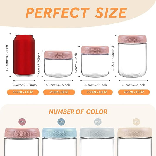 4 Pack Glass Clear Storage Canister with Airtight Lid, 12oz Overnight Oats Containers, Small Cute Decorative Pantry Jar for Snacks, Yogurt, Cereal, Fruit, Salad, Spice, Sugar, Coffee, Tea
