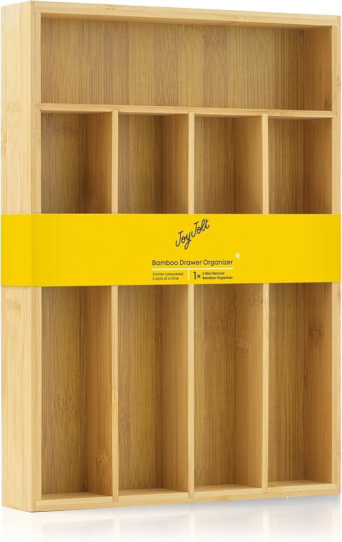 JoyJolt Bamboo Drawer Organizer for Kitchen Utensils, Drawer Divider for Large Cutlery and Silverware, Flatware Holder Tray, 5-Compartment Silverware Organizer, Garage Kitchen & Junk Drawer Organizer
