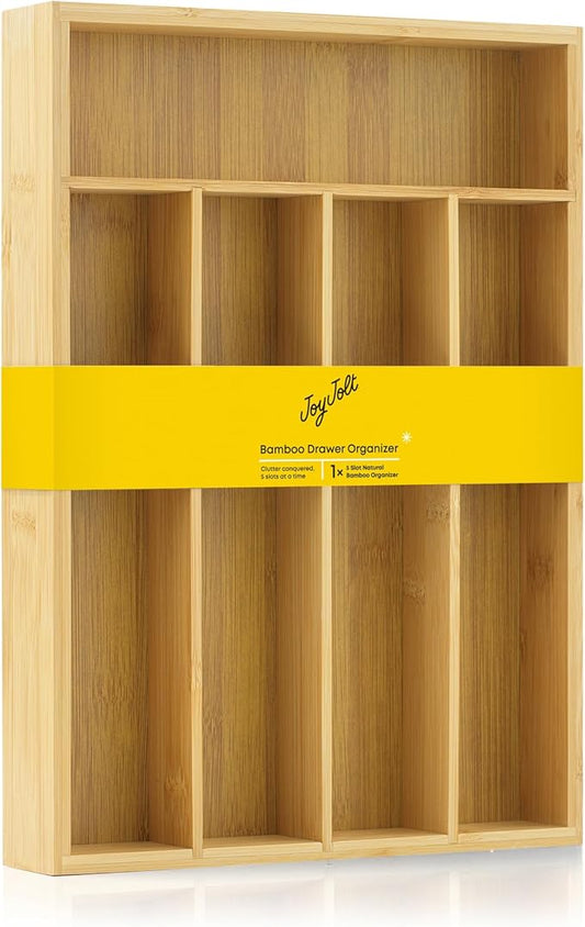 JoyJolt Bamboo Drawer Organizer for Kitchen Utensils, Drawer Divider for Large Cutlery and Silverware, Flatware Holder Tray, 5-Compartment Silverware Organizer, Garage Kitchen & Junk Drawer Organizer