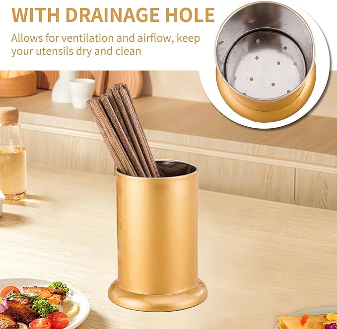 Kitchen Utensil Holder, Gold Stainless Steel Silverware Drainer Basket Cylinder Flatware Draining Organizer Drying Rack Straw Holder Silverware Caddy Organizer for Forks, Knives, Spoons, Chopsticks