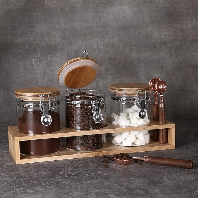 KKC HOME ACCENTS Air Tight Glass Coffee Sugar Tea Storage Containers set 3 with Clamp Lid and Spoons,Airtight Sealed Glass Jars Canisters with Scoops for Ground Coffee or Bean,Loose Tea,Sugar,27 Fl oz