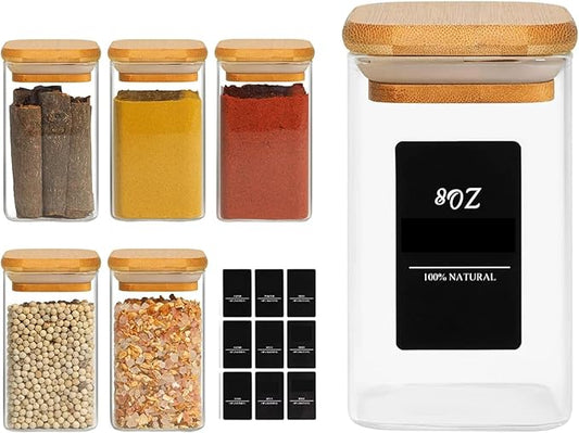 ComSaf 6Pcs 8oz Spice Jars with Label Trial Set, Glass Spice Jars with Bamboo Lids Supplementary, Spice Container Trial Set, Perfect for Ktichen Starter