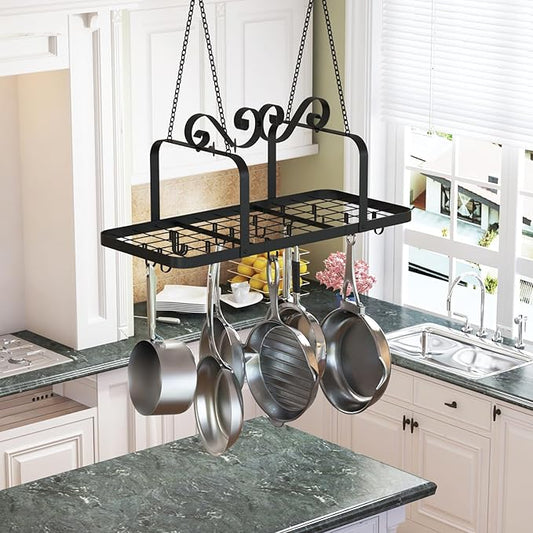 33” Black Pot Rack Hanging, Heavy Duty Metal Ceiling Pot Rack with 15 Hooks, Pot and Pan Hanging Rack Organizer for Kitchen Cookware Utensils