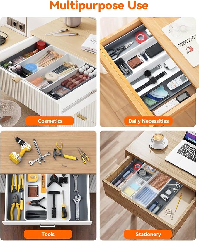 OTraki Silverware Drawer Organizer Expandable Utensil Drawer Organizer with Removable Cutlery Holder and Storage Tray Flatware Utensil Drawer Organiser Fork Knife Spoon Holder for Drawer Grey + White