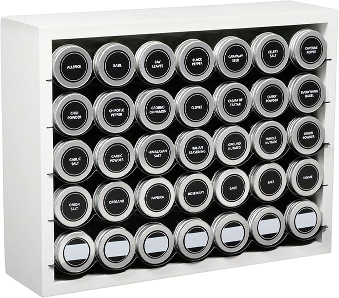 Excello Global Products Hanging Spice Rack - Includes 35 Glass Spice Jars and Accessories (White)