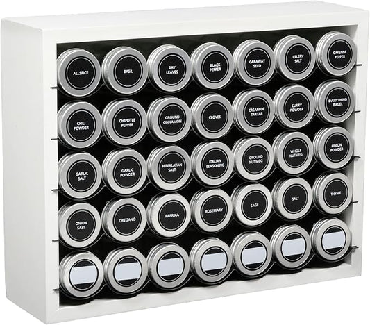 Excello Global Products Hanging Spice Rack - Includes 35 Glass Spice Jars and Accessories (White)