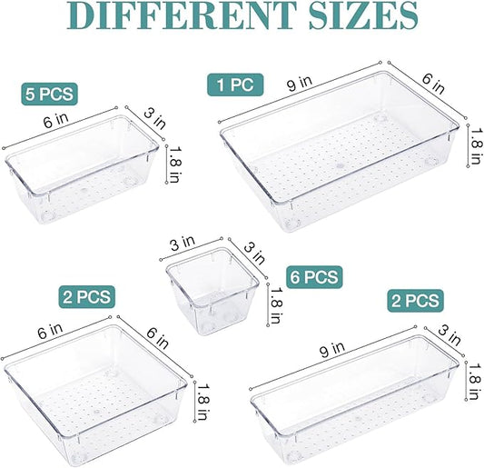 16 PCS Drawer Organizer Set, 5 Varied Size Bathroom and kitchen Drawer cabinet organizer Trays, Clear Storage Bins for Makeup, Jewelry, Utensils and Gadgets