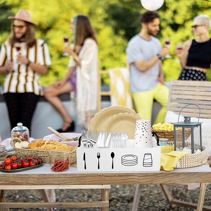 5-Tier Paper Plate Holder & Utensil Organizer for Kitchen - Wooden Storage Rack for Party, Picnic, BBQ | Under Cabinet Space Saving Design with 5 Compartments for Plates, Napkins, Cutlery (White)