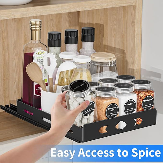 Pull Out Spice Rack Organizer for Cabinet, Heavy Duty-Slide Out Spice Rack, Vertical Spice Rack for Kitchen Cabinet and Pantry (8.4''Wx10.5''Dx2.8''H, Metal Black)