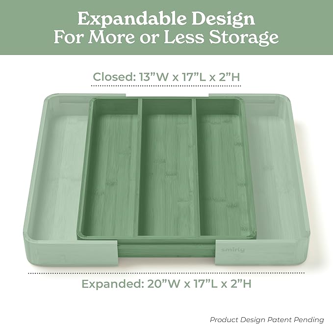 SMIRLY Silverware Drawer Organizer – Bamboo Kitchen Drawer Organizer, Adjustable Utensil Holder and Cutlery Tray, Drawer Dividers for Flatware and Kitchen Utensils