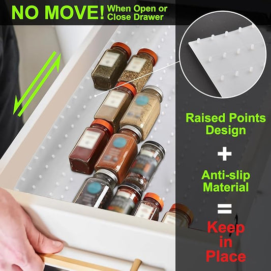 Gosmol Spice Drawer Organizer insert, Adjustable & Non-Slip Silicone Spice Drawer Liner, in Drawer Spice Organizer for Seasoning Jars and Spices Bottles, Set of 2-White