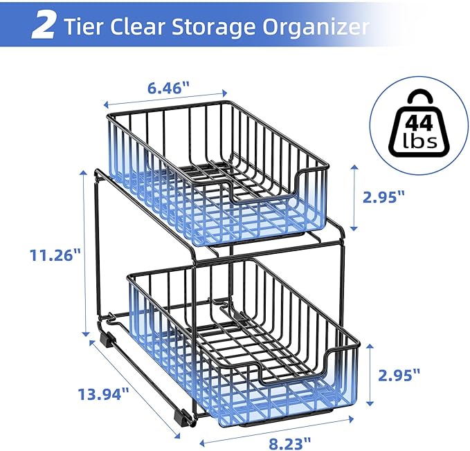 Under Sink Storage Spice Rack Organizer for Cabinet, Heavy Duty Metal Kichen Organizer with Slide Drawer, Black