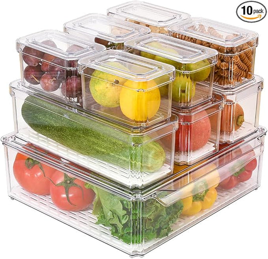Stackable Refrigerator Organizer Bins with Lids, Fridge Organization and Storage Containers, BPA-Free Plastic Pantry Bins for Fruits, Vegetable, Drinks With Drain Tray, Set Of 10