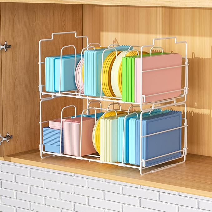 Metal 2-Tier Food Container Lid Organizer – MAYZOLOP Lid Organizers Inside Cabinet with 8 Adjustable Shelf for Kitchen Cabinets, Pantry – Keep Your Kitchen Tidy with Sturdy Storage (White)