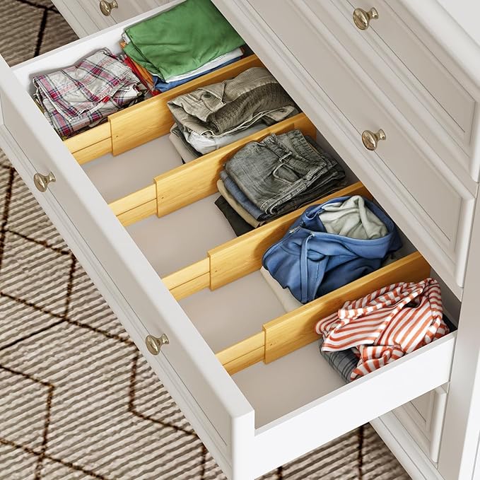Adjustable Drawer Dividers Pack of 4 with Inserts, Set Kitchen Drawer Organizer for Utensils, Spice Organization, Deep Drawers and Baby Clothes
