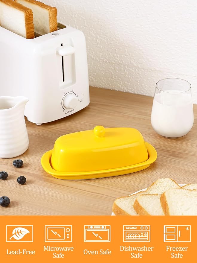 Yedio Ceramic Butter Dish with Lid for Countertop Refrigerator, 8 Inch Butter Holder with Porcelain Cover Knob Handle for East West Coast Butter Stick, Yellow