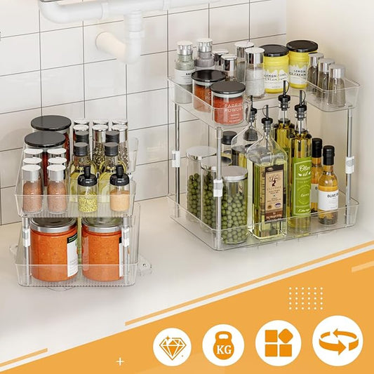 2 Pack Lazy Susan Turntable Organizer 2 Tier, 360° Rotating Condiment Organizer, Refrigerator Organizers and Storage for Cabinet, Kitchen, Countertop, Bathroom, Vanity, Non-Slip Base, Clear