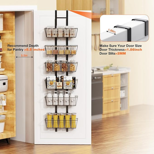 6 Tier Over the Door Pantry Organizer, Over the Door Spice Rack with Adjustable Baskets, Metal Hanging Door Pantry Organizers and Storage for Kitchen Bathroom Bedroom, Black