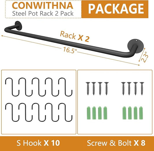 Black Steel-made Kitchen Utensil Rack Organizer Wall-mounted Pot Pan Wall Hanger Holder For Hanging Rail with 10 S Hooks
