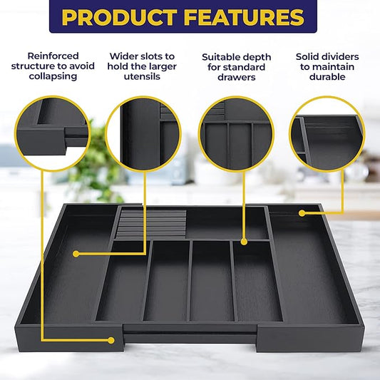 Bamboo Wood Drawer Organizer With Dividers and Removable Knife Block - Silverware and Kitchen Organizer - 12.75-22 x 17 x 2 In (Black)