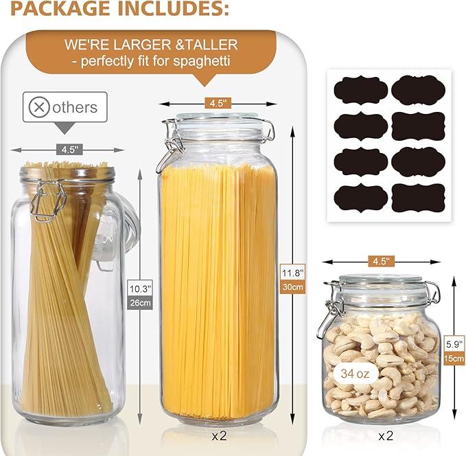 VITEVER [ Taller ] Glass Jars with Airtight Lid, 92oz/34oz Large Glass Food Storage Jars, 4 Pack Wide Mouth for Kitchen Pantry Spaghetti, Square Mason Jars with Labels