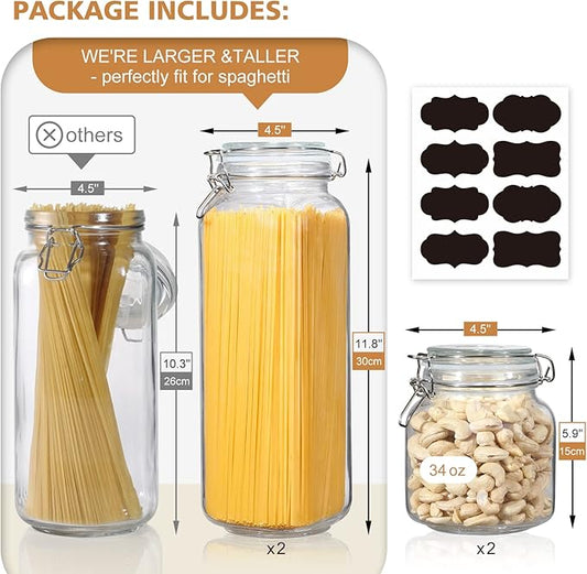 VITEVER [ Taller ] Glass Jars with Airtight Lid, 92oz/34oz Large Glass Food Storage Jars, 4 Pack Wide Mouth for Kitchen Pantry Spaghetti, Square Mason Jars with Labels