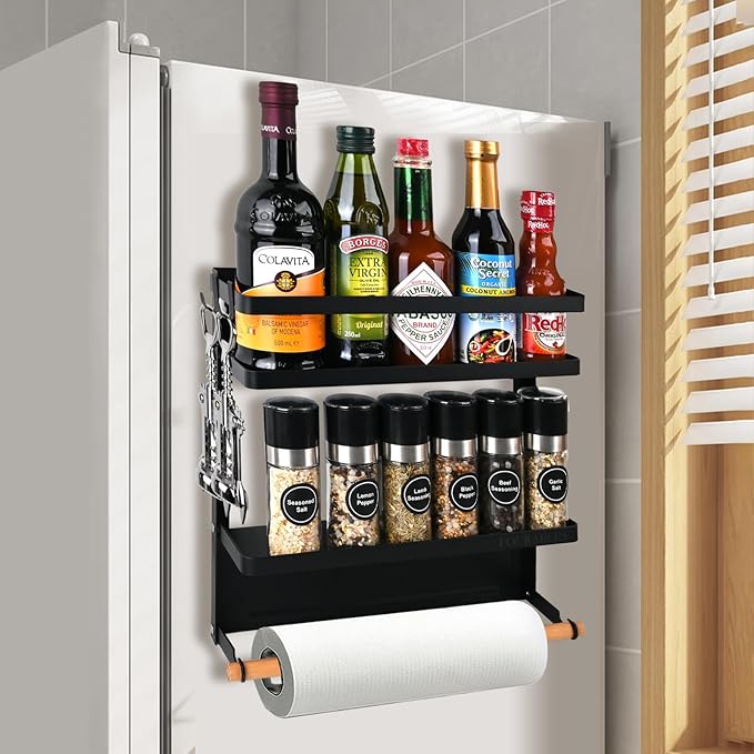 Magnetic Spice Rack for Refrigerator, Kitchen Organizers with Paper Towel Holder for Kitchen Storage, Magnetic Shelf for Fridge, Washer, Coffee maker and More Metal Surface (Black)