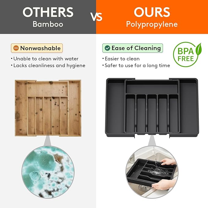 Lifewit Silverware Drawer Organizer, Expandable Utensil Tray for Kitchen, BPA Free Flatware and Cutlery Holder, Adjustable Plastic Storage for Spoons Forks Knives, 2 Pack, Black