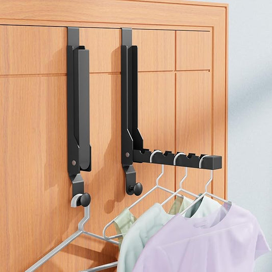 2 Packs Over The Door Hangers, Folding Over Door Hanger Hooks, Portable Space Saving Collapsible Coat Towel Racks for Bedroom Living Room Small Space Kitchen Travel Drying Storage (2Pack, Black)