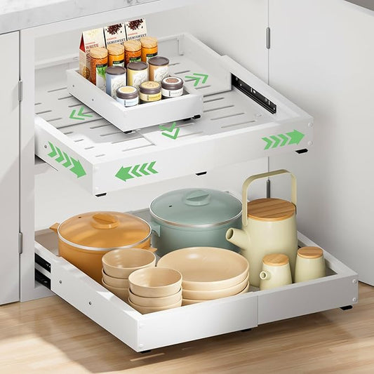 2 Pack Pull out Cabinet Organizer, Width (11"-19") Depth (16"-22"), with 3 Rails Adjustable Slide, Expandable Pullout Drawers for Cabinets, No Drill Adhesive Kitchen Drawers for Shelves