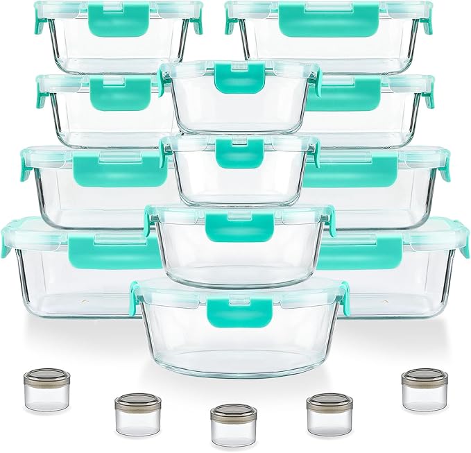 34pcs Glass Food Storage Containers with Lids Set, Airtight Glass Meal Prep Containers (17 Containers & 17 Lids), Leak Proof Lunch Containers BPA-Free, Microwave, Oven, Freezer, Dishwasher Safe-Green