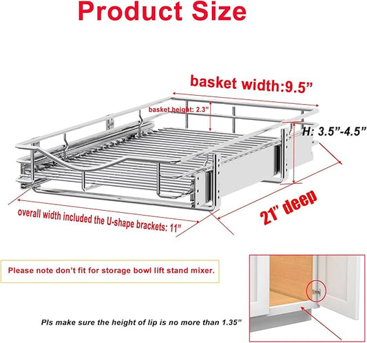 DINDON 1 Tier Pull Out Cabinet Organizer (11" W x 21" D) Heavy-Duty Metal Sliding Drawer Shelf, Slide Out Wire Basket for Kitchen Cabinets, Pantry, Bathroom, Chrome Finish…