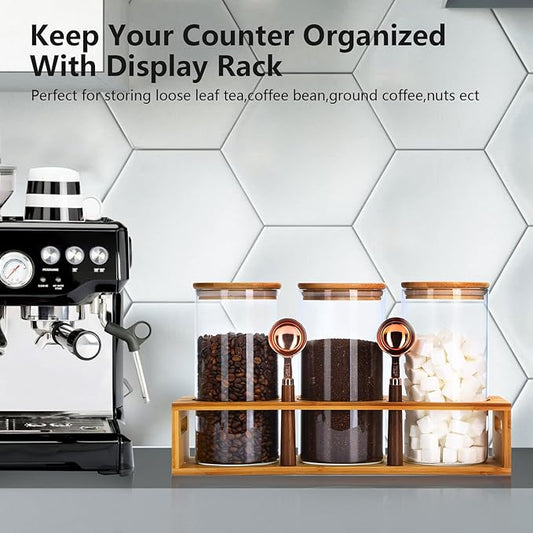 ZOMUIA Glass Coffee Containers Airtight Coffee Bean Storage Canisters with Shelf, 3Pcs 44oz Coffee Station Organizer, Kitchen Food Storage Jars for Sugar, Candy, Oats, Nuts