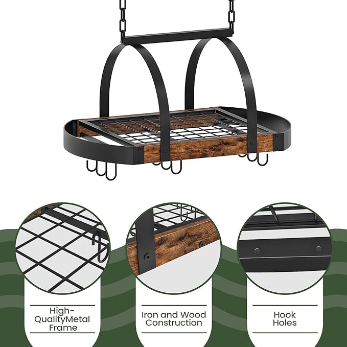 Hanging Pot Rack, Pot Hanger for Kitchen, Ceiling Mounted Pot Holder, Cookware Organizer with 9 S-Shaped Hooks, for Pot, Pan Storage, Space-Saving, Rustic Brown and Black TPR07BF