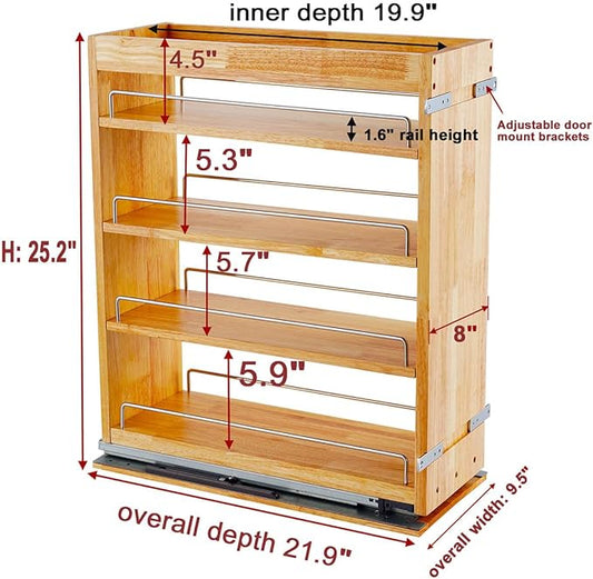 4 Tier Pull Out Spice Rack Holder Shelves (8" W x 22" D), spice organization for cabinet Storage Organization, pull out spice racks for inside cabinets