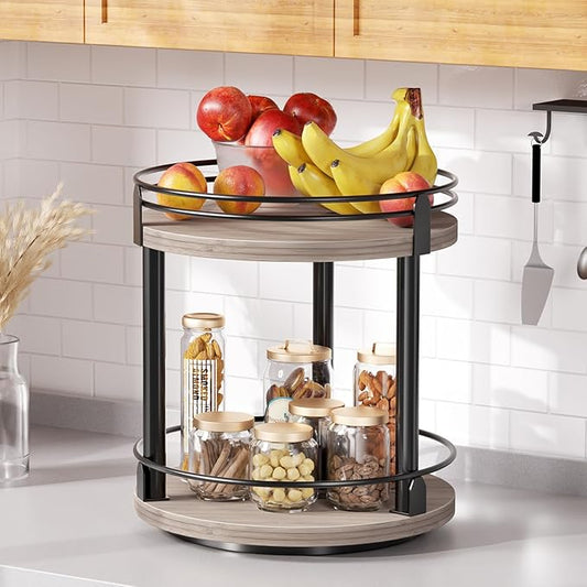 Lazy Susan Organizer, 2 tier Rotating Spice Rack, Lazy Susan 360 Degree Turntable Spice Holder Rack for Cabinet and Kitchen Countertop, Makeup Skincare Organizer Rack, Greige