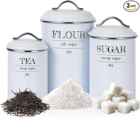 GarveeHome 3 Pcs Flour Sugar Tea Canister Set, Vintage Food Sealed Storage Jars with Airtight Lids, Rustic Metal Kitchen Canisters Set for Flour, Sugar, Tea, for Countertop Farmhouse Decor, White