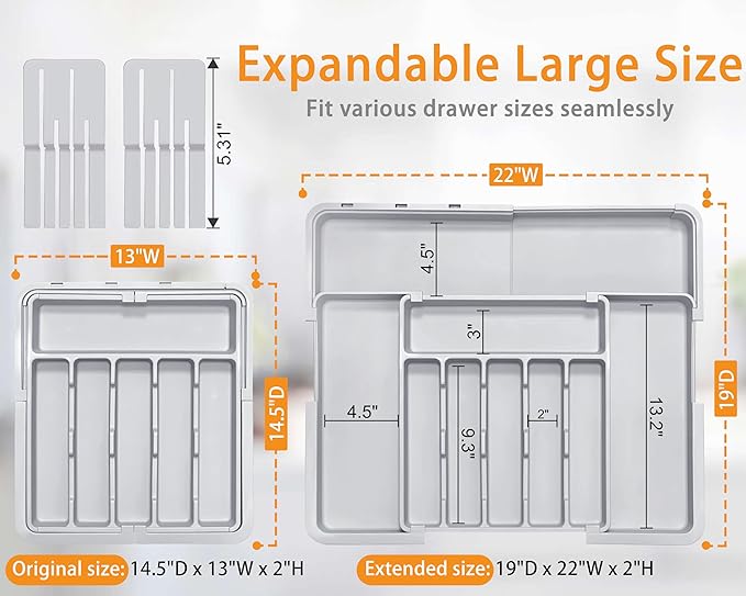 Silverware Drawer Organizer for Kitchen, Adjustable Utensil Drawer Organizer with 2 Knife Block, BPA Free Flatware and Cutlery Holder, Expandable Plastic Storage for Spoons Forks Knives(Grey)
