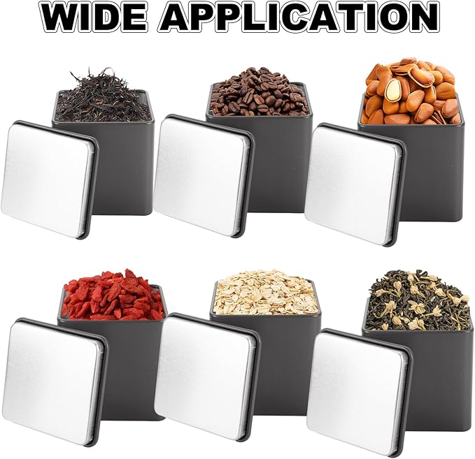 12 Pack Square Black Metal Tins, Small Tea Tin Canisters, 3 Oz Loose Leaf Tea Storage Containers with Airtight Lids, Square Tea Containers for Loose Teas, Herbs, Coffee, Cube Sugar