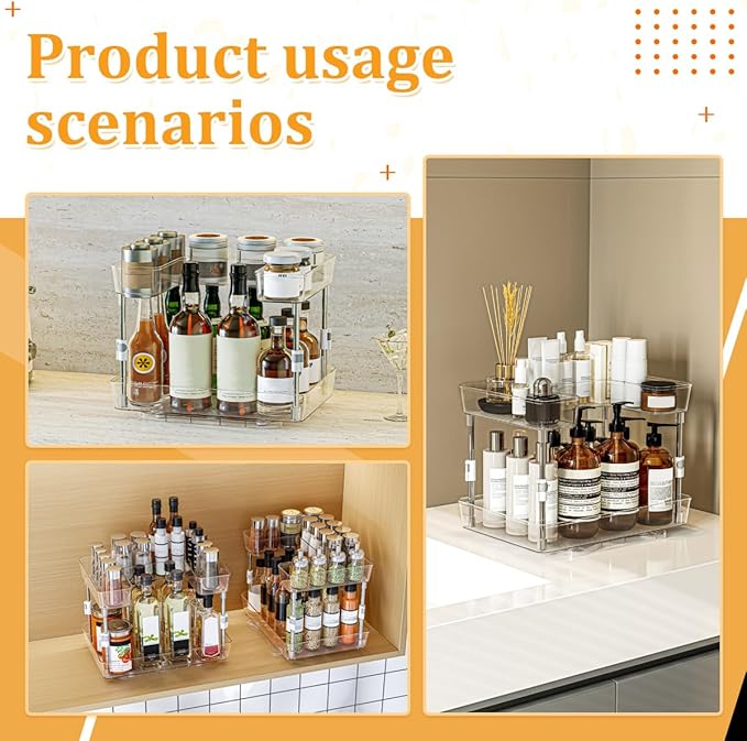 2 Pack Lazy Susan Turntable Organizer 2 Tier, 360° Rotating Condiment Organizer, Refrigerator Organizers and Storage for Cabinet, Kitchen, Countertop, Bathroom, Vanity, Non-Slip Base, Clear