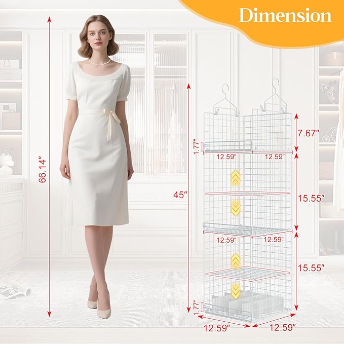 ﻿5 Tier Hanging Closet Organizer Separable Hanging Closet Shelves with 4 Hooks 2 Adjustable Dividers, Wire Storage Basket Bins for Clothing Sweaters Socks Dolls Handbags, Foldable