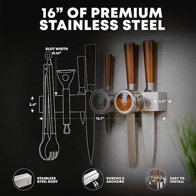 16" Adhesive Magnetic Knife Holder for Wall (No Drill) with 2x Storage - Safe, Patented Storage Design - Stainless Steel Magnet Knife Holder Strip - Magnetic Kitchen Organizer, Tool Storage