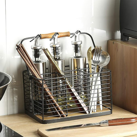 VANRA Utensil Holder Kitchen Condiment Organizer Utensil Caddy Storage Basket Organizer Metal Flatware Caddy with Wood Handle, Black