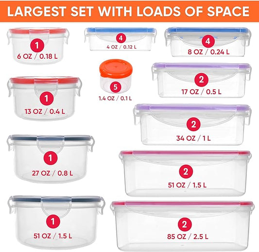 50 Pcs Large Food Storage Containers with Lids Airtight-85 OZ to small Containers-Total 526OZ Stackable Kitchen Set -BPA Free Leak proof containers- Freezer Microwave safe (Multiple-color-of-50Pcs)