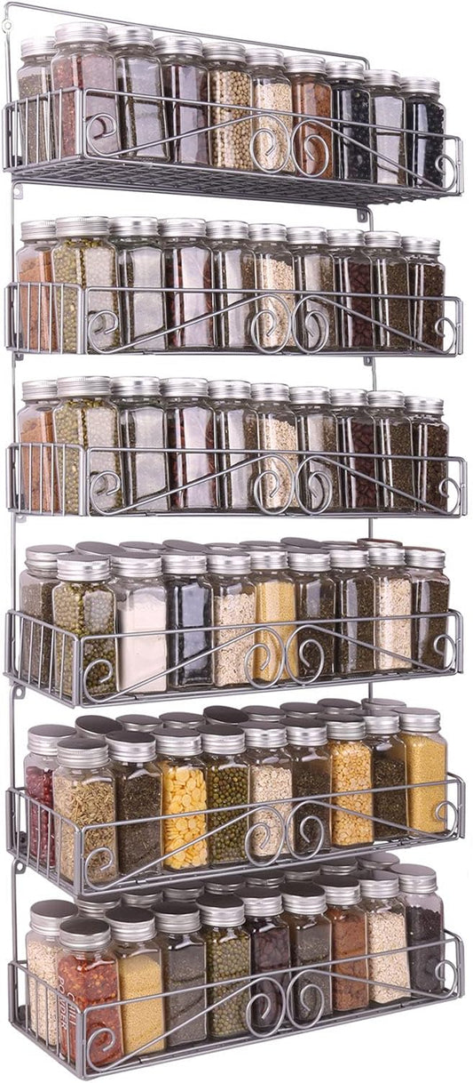 SWOMMOLY Wall Mount Spice Rack, 6 Pack Large-capacity Spice Racks, Stackable Foldable Spice Cans Organizer Shelf,Silver